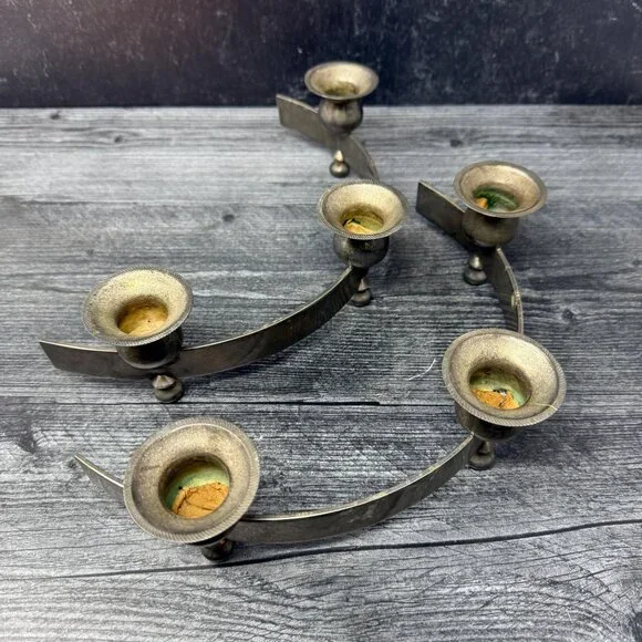 Antique Vintage Pair of Art Deco Silverplate Taper Candlestick Holders 3” H